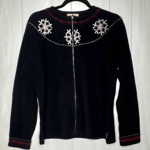 Woolrich Black Zip front Sweater 100% Wool Snowflake Embroidery Size M